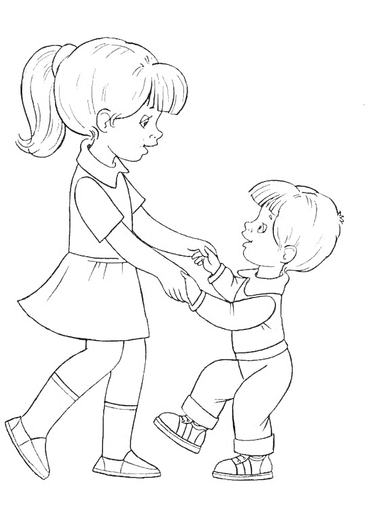 На раскраске изображено: Мальчик, Девочка, Дружба, Держатся за руки, Игра, Одежда