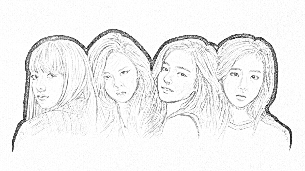 Раскраска Четыре девушки с длинными волосами и прямыми челками, изображенные в ряд на сером фоне.