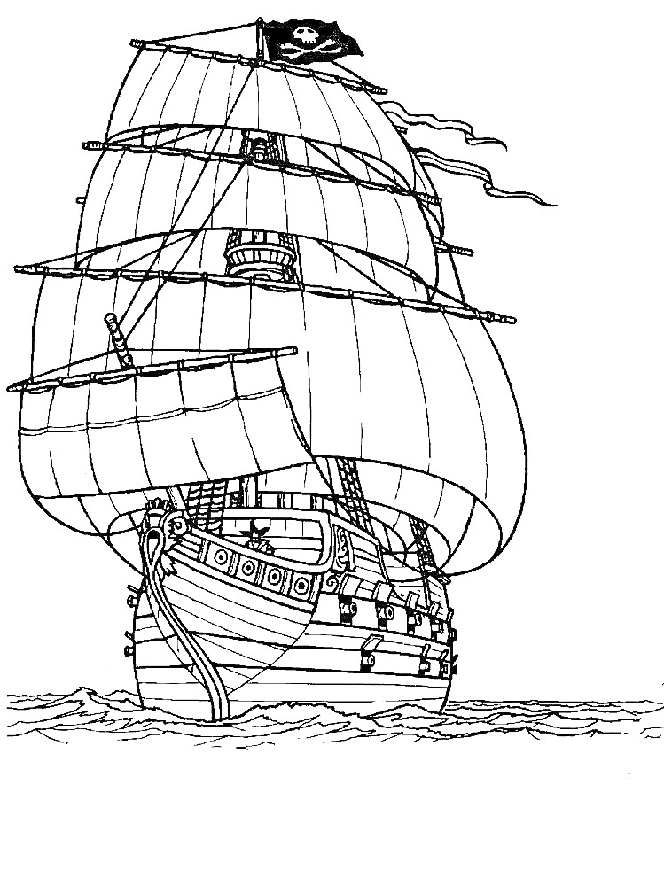 Пиратский корабль с развевающимися парусами и пиратским флагом, плывущий по морю