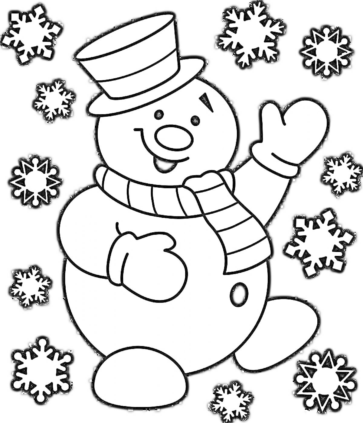 Раскраска Снеговик в цилиндре и шарфе, окруженный снежинками