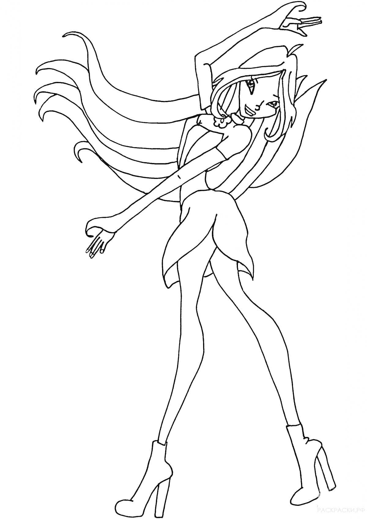 Раскраска Девушка-волшебница в стиле «винкс», длинные волосы, шляпа, платье, сапоги на каблуке