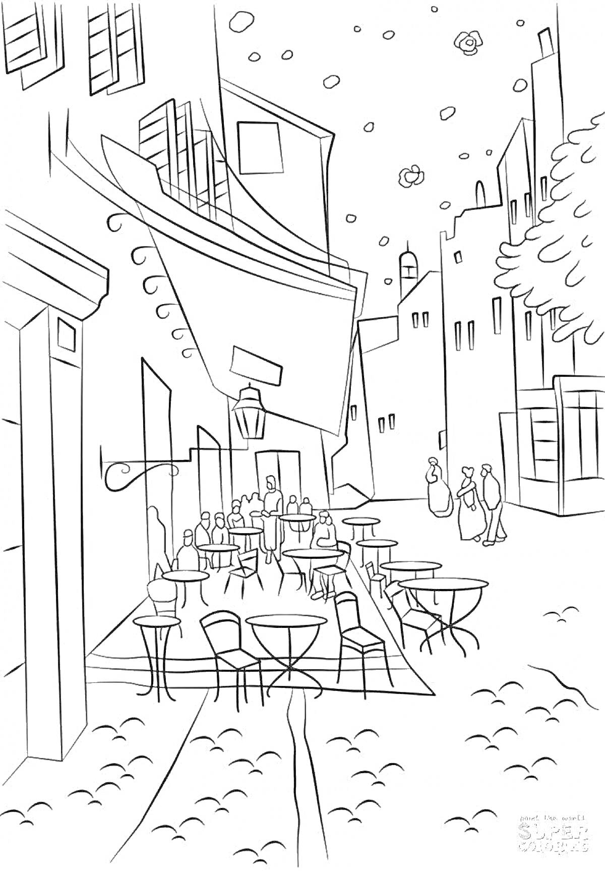 Раскраска Уличное кафе в европейском стиле с людьми за столиками, зданиями с окнами и балконами, уличными фонарями и деревьями