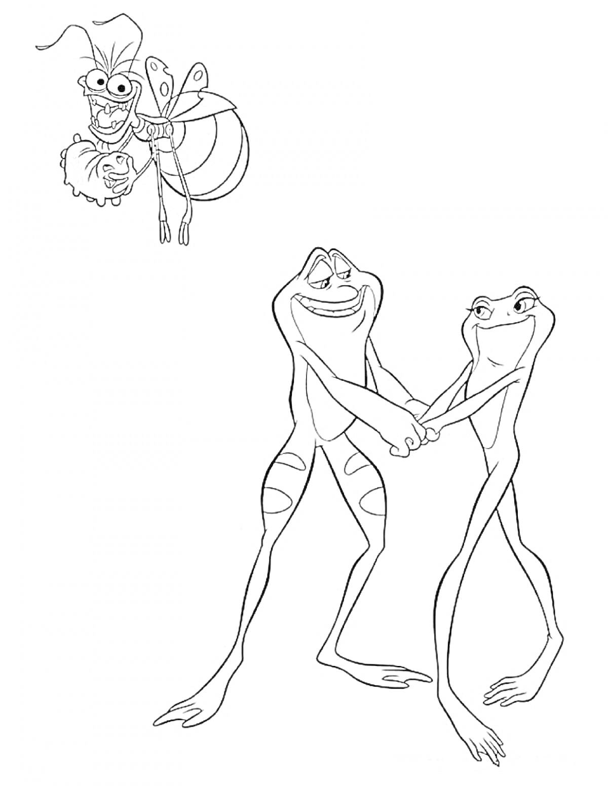 Раскраска Две лягушки держатся за руки, летучая мышь