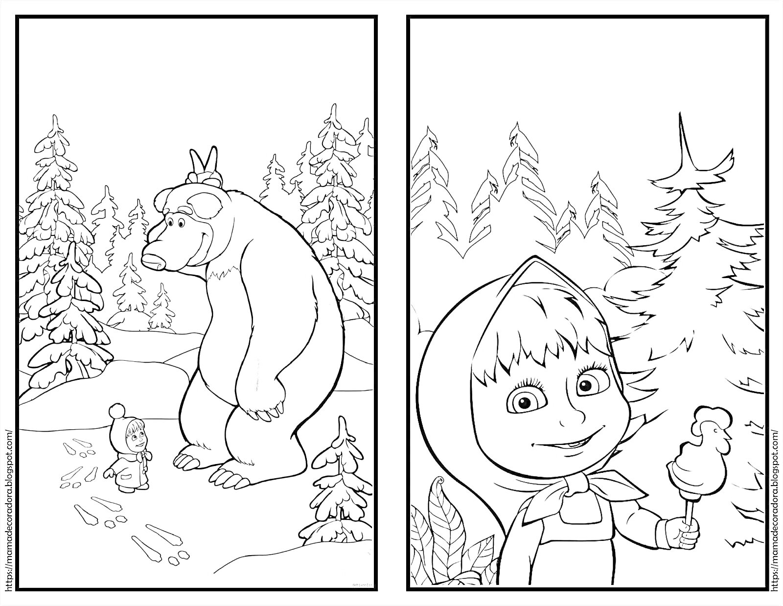 Раскраска Маша в капюшоне с мороженым и медведь в лесу