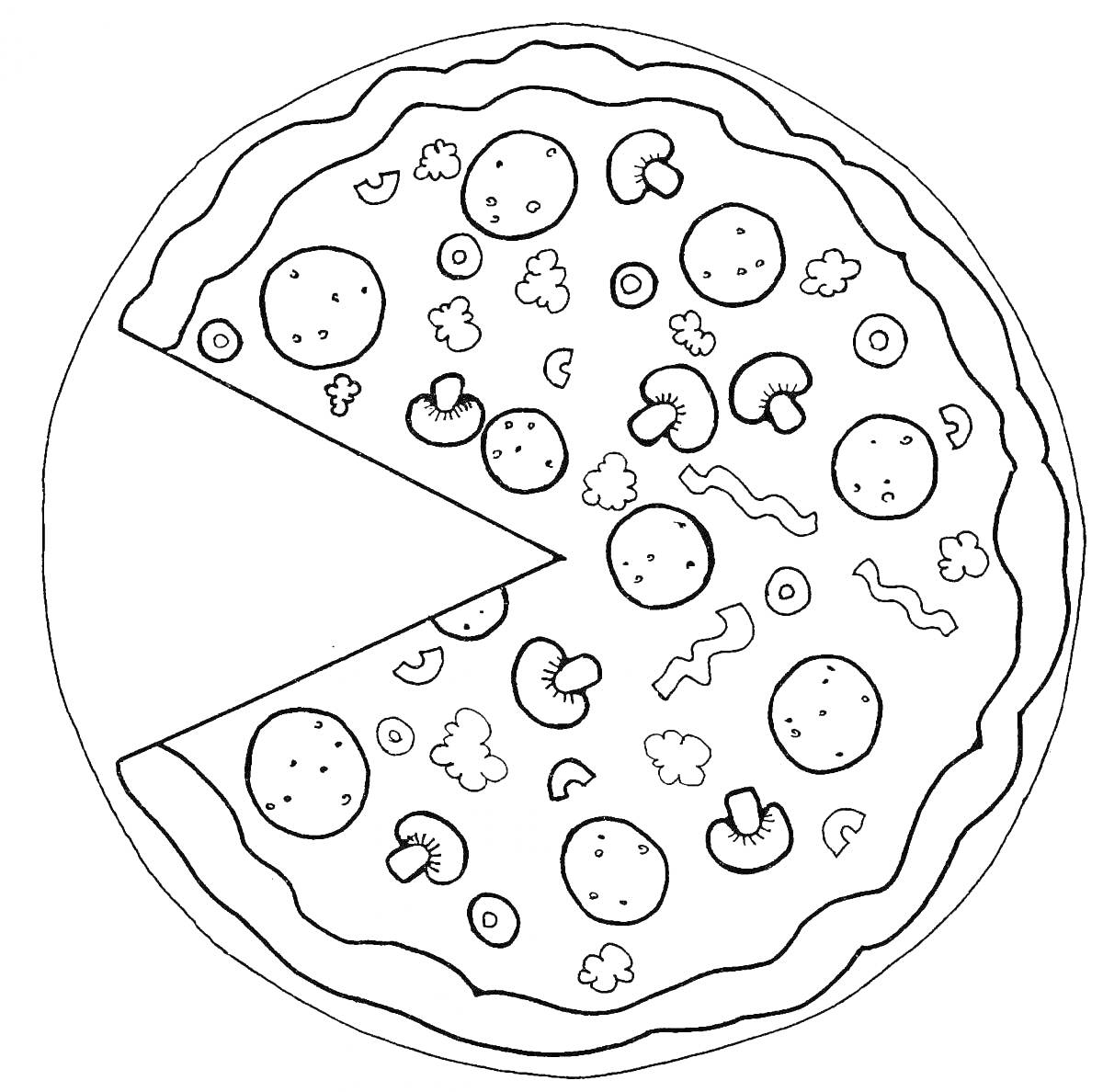 На раскраске изображено: Пицца, Кусочек пиццы, Грибы, Колбаса, Овощи, Еда, Круглая пицца