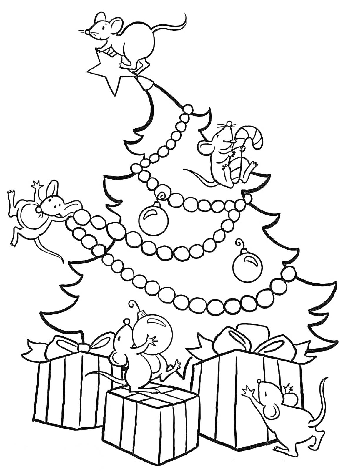 Раскраска Новогодняя елка с мышатами, гирляндой, шарами и подарками