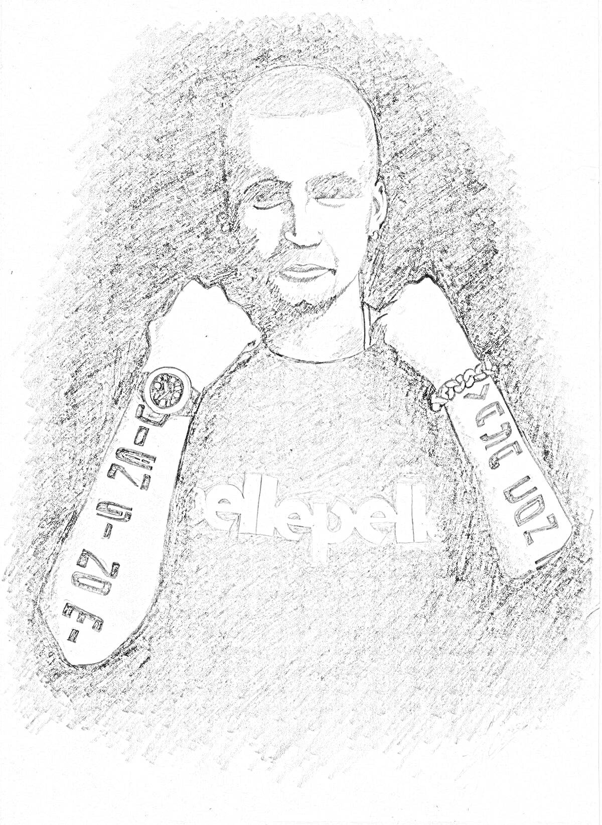 На раскраске изображено: Мужчина, Татуировки, Руки, Надпись, Наручные часы, Браслет