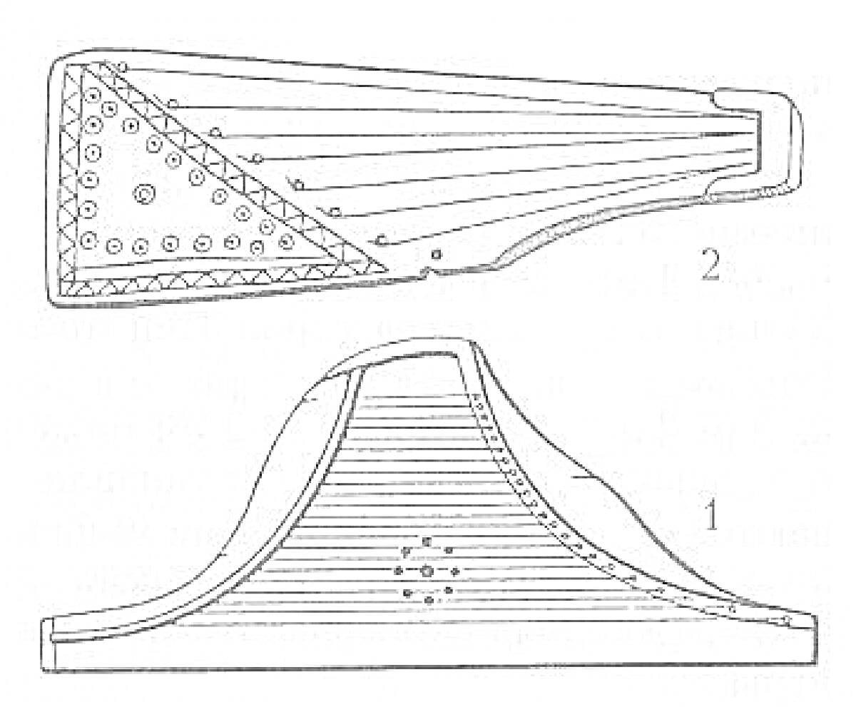 Раскраска Две гусли - гусли крыловидные и гусли-шлемовидные, изображенные сверху с обозначениями