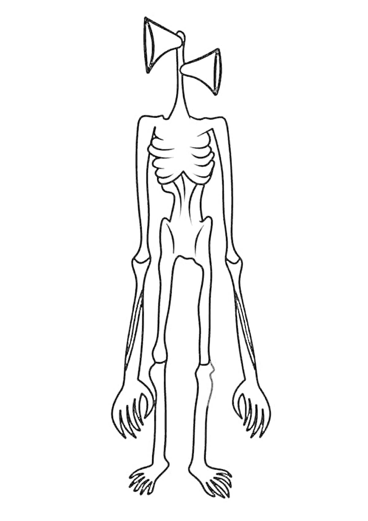 Чёрно-белая раскраска Сиреноголового с сиренами вместо головы, туловищем, длинными руками, ребрами и когтистыми ногами