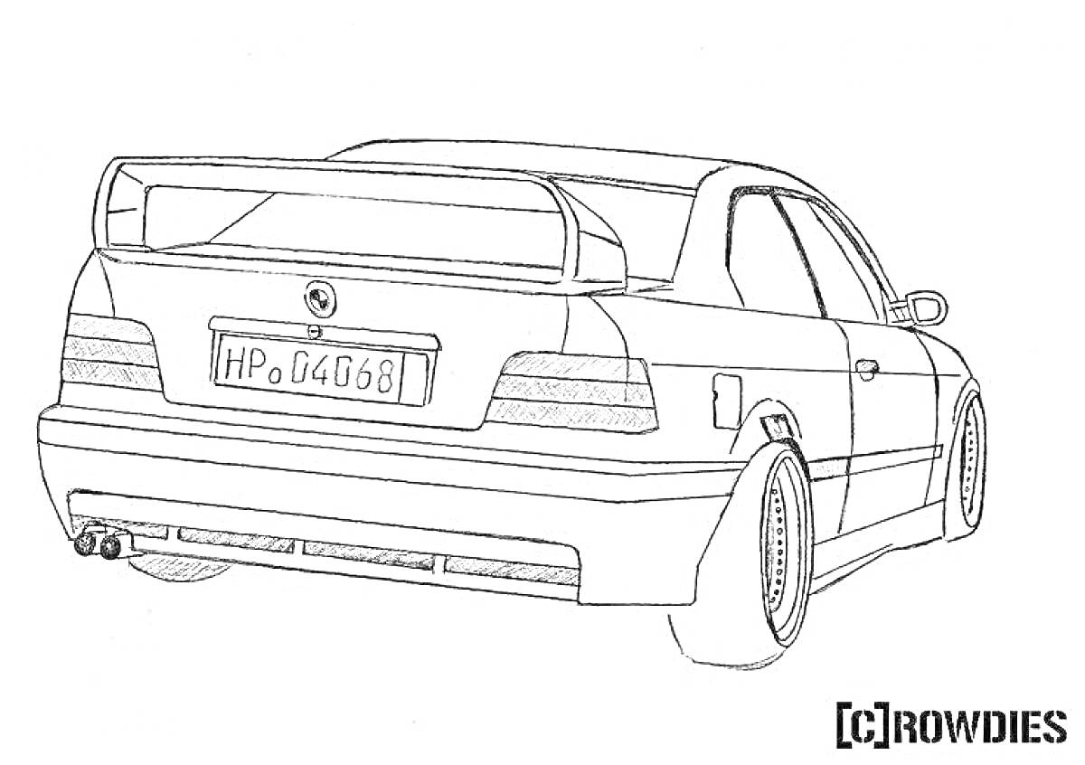 Раскраска Вид сзади BMW E34 с спойлером, выхлопными трубами и номерным знаком