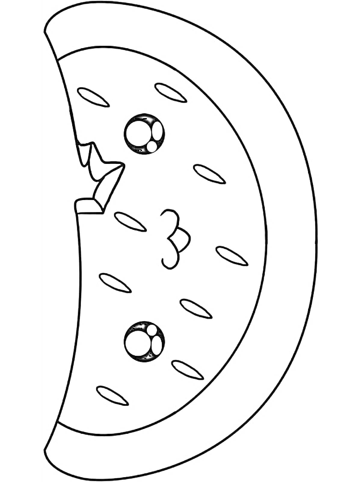 РаскраскаКавайный ломтик арбуза с глазами и ртом