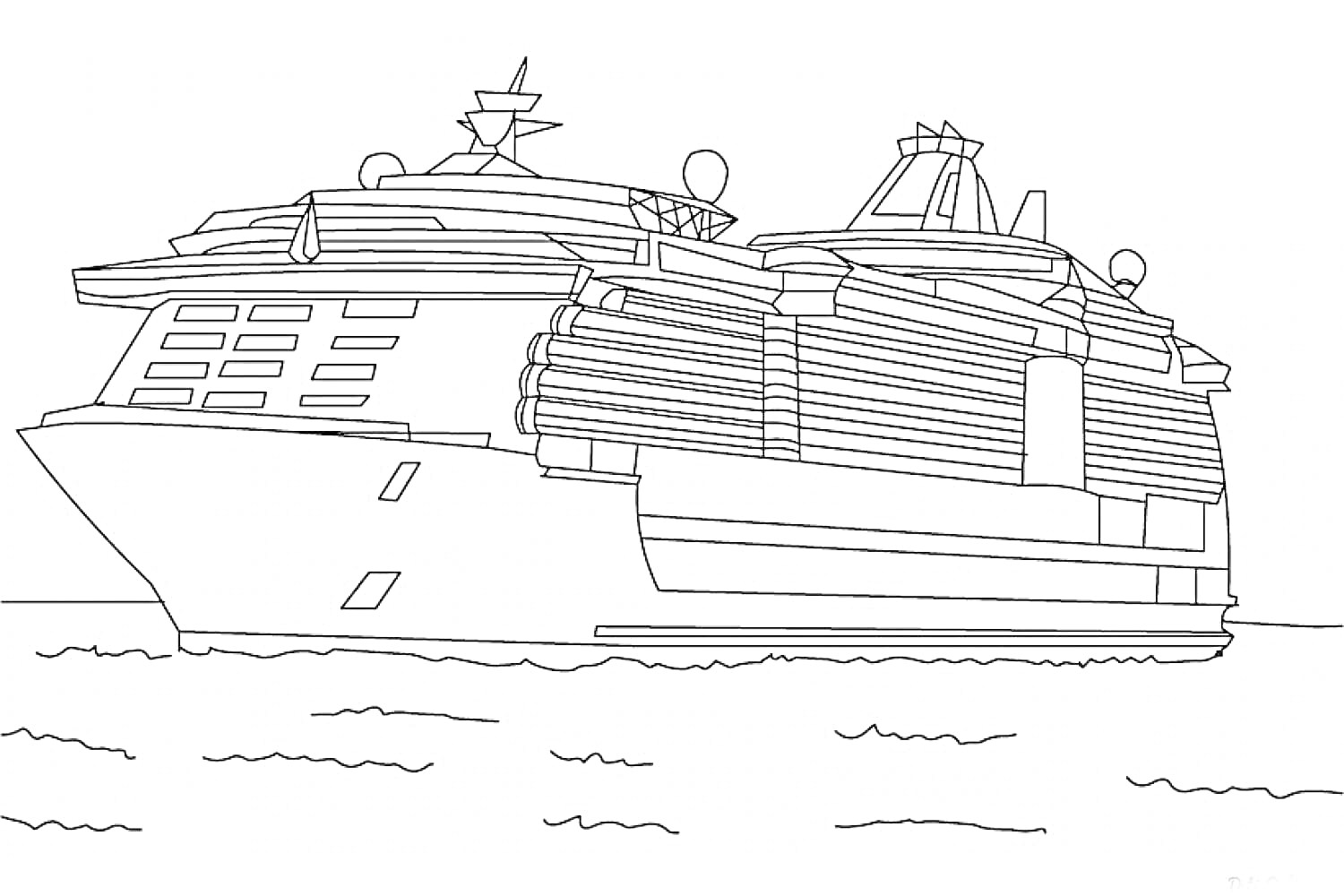 На раскраске изображено: Корабль, Круизный лайнер, Море, Антенны, Палуба, Линии, Детали, Контурные рисунки