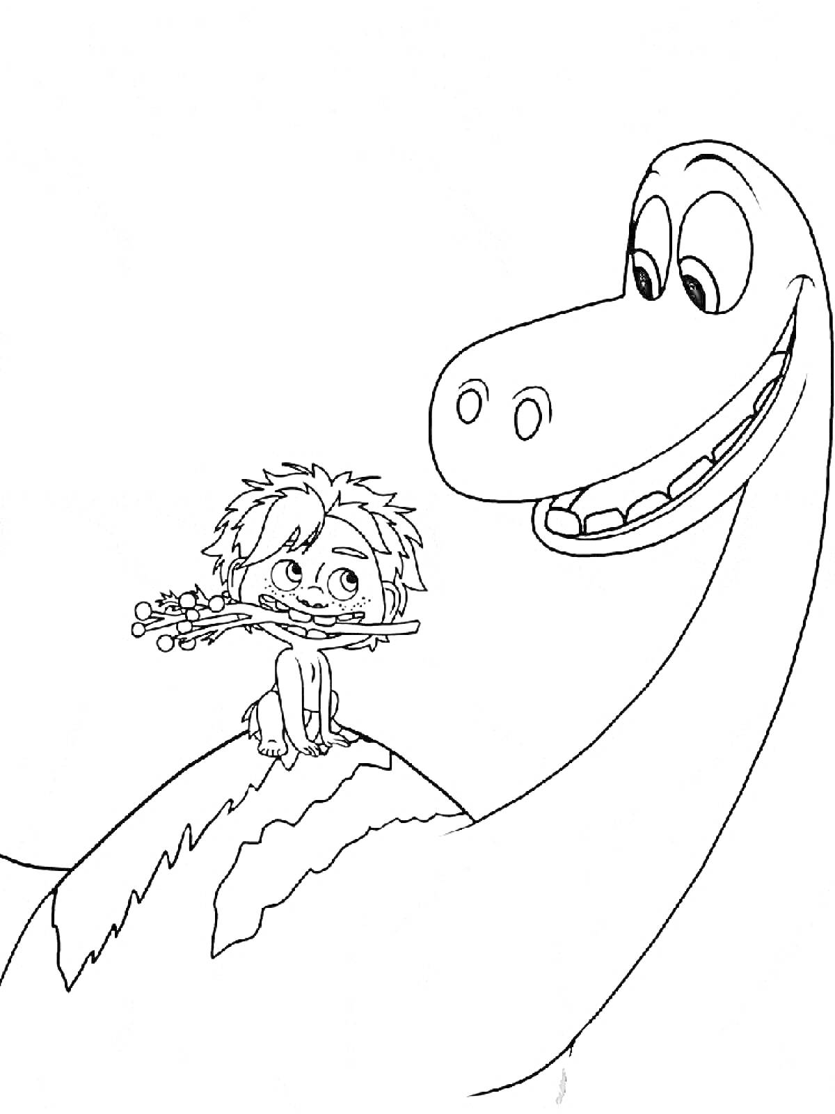 Раскраска Человек с прутиком во рту верхом на динозавре