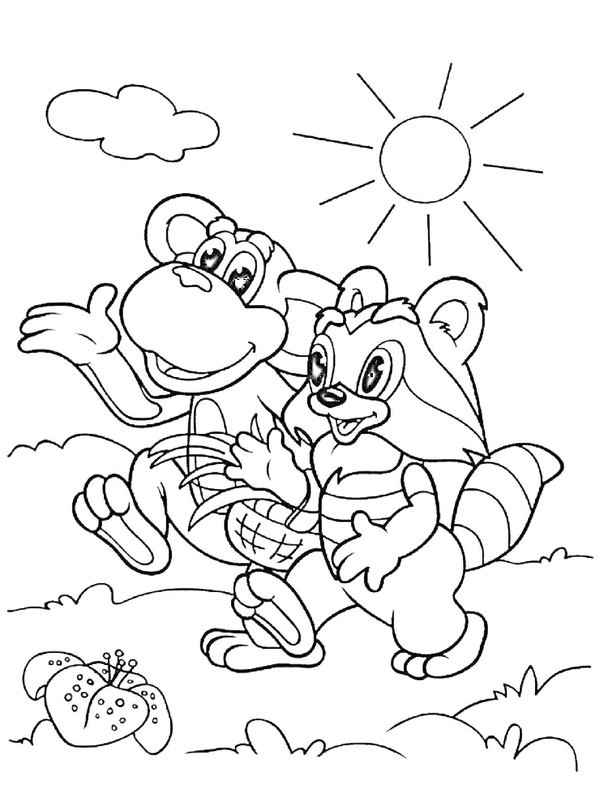 Раскраска Енот и обезьяна на прогулке под солнцем в поле с цветами