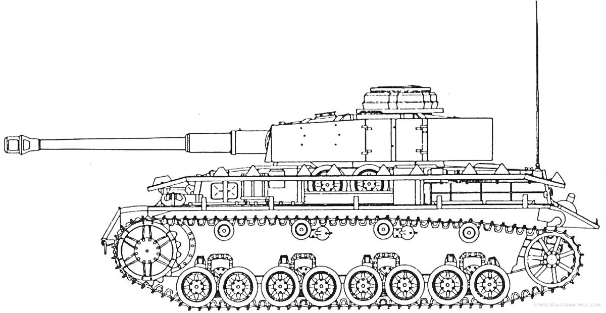 Раскраска Силуэт танка с длинным дулом и гусеницами