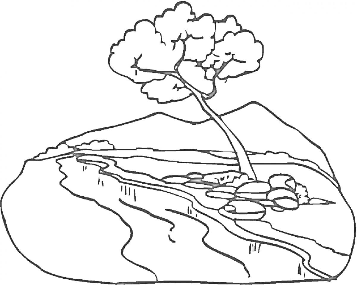Раскраска Горы с одиноким деревом у реки и камнями