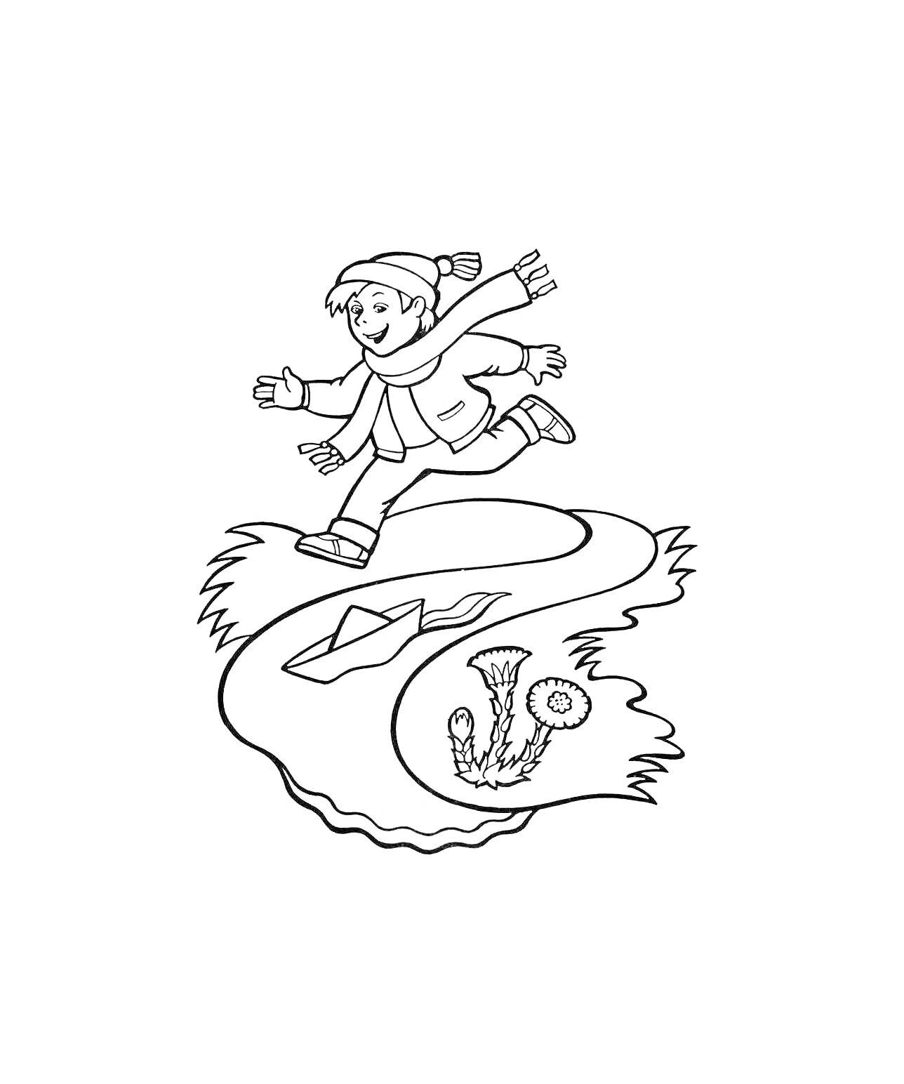 Раскраска Ребёнок в шапке и шарфе, перепрыгивающий через ручей с бумажной лодкой, цветами и травой