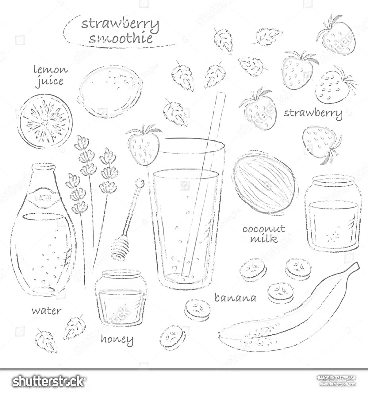 На раскраске изображено: Смузи, Клубника, Банан, Вода, Мед, Ингредиенты, Напиток, Ягоды, Фрукты
