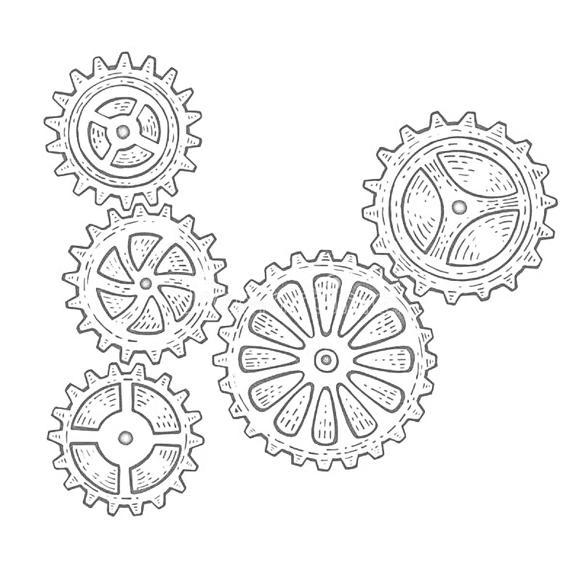 На раскраске изображено: Шестеренки, Механизмы, Зубчатые колеса, Техника, Механика, Грани