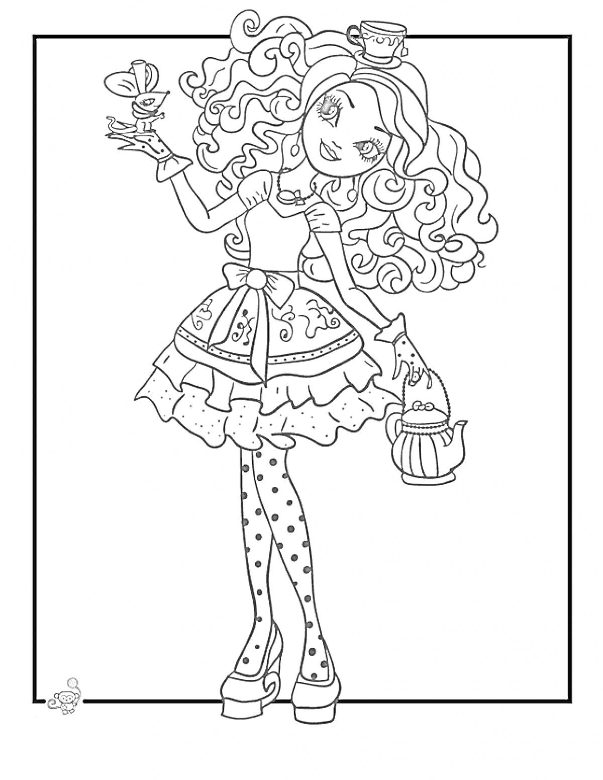 Раскраска Девушка с кудрявыми волосами держит чашку на голове и чайник в руке, тематическая раскраска Эвер Афтер Хай