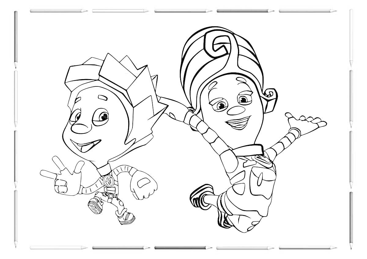 Раскраска Фиксики: персонажи Фиксик мальчик и девочка в прыжке
