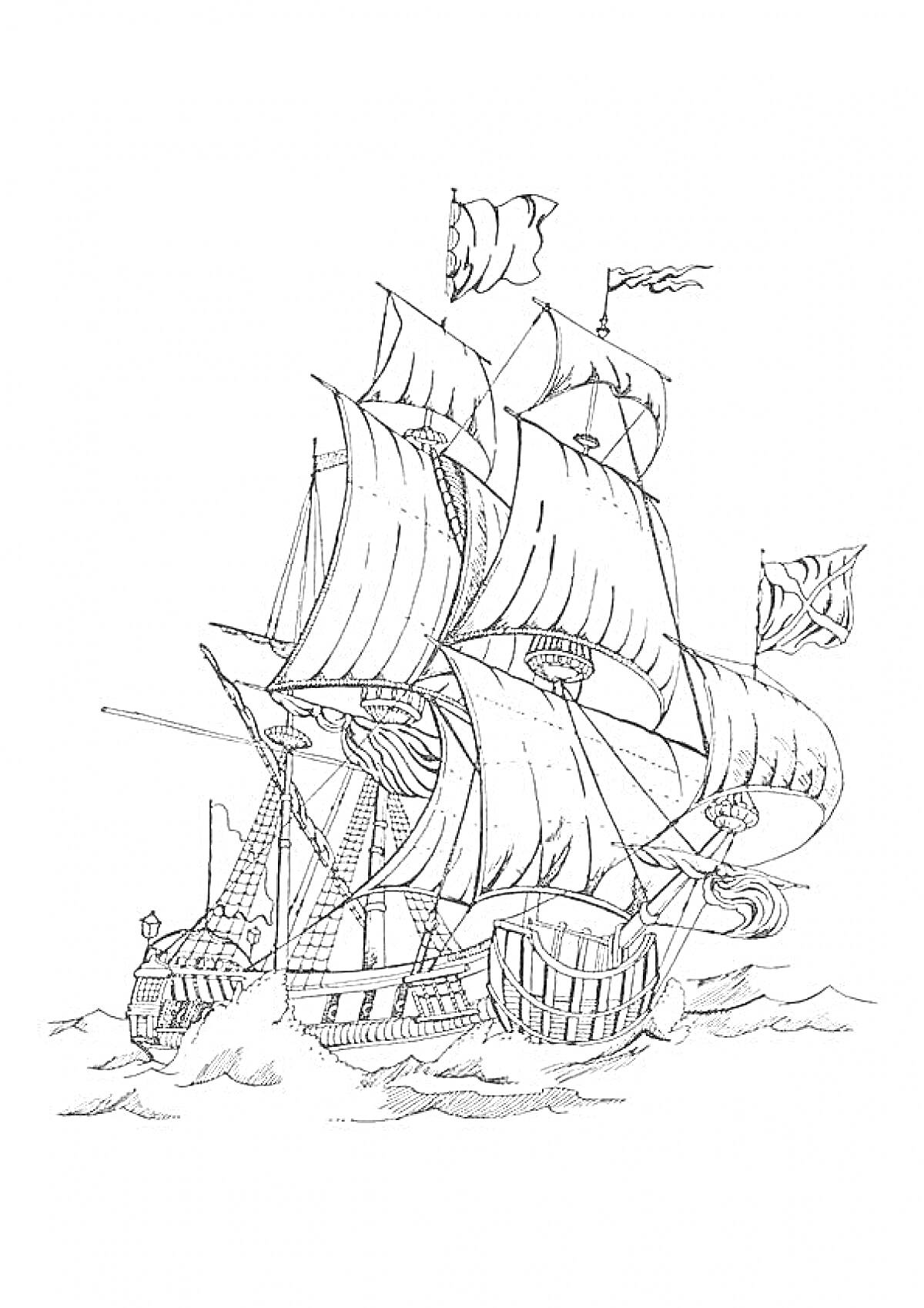 На раскраске изображено: Морской бой, Корабль, Море, Волны, Судно, Исторический корабль, Мореплавание