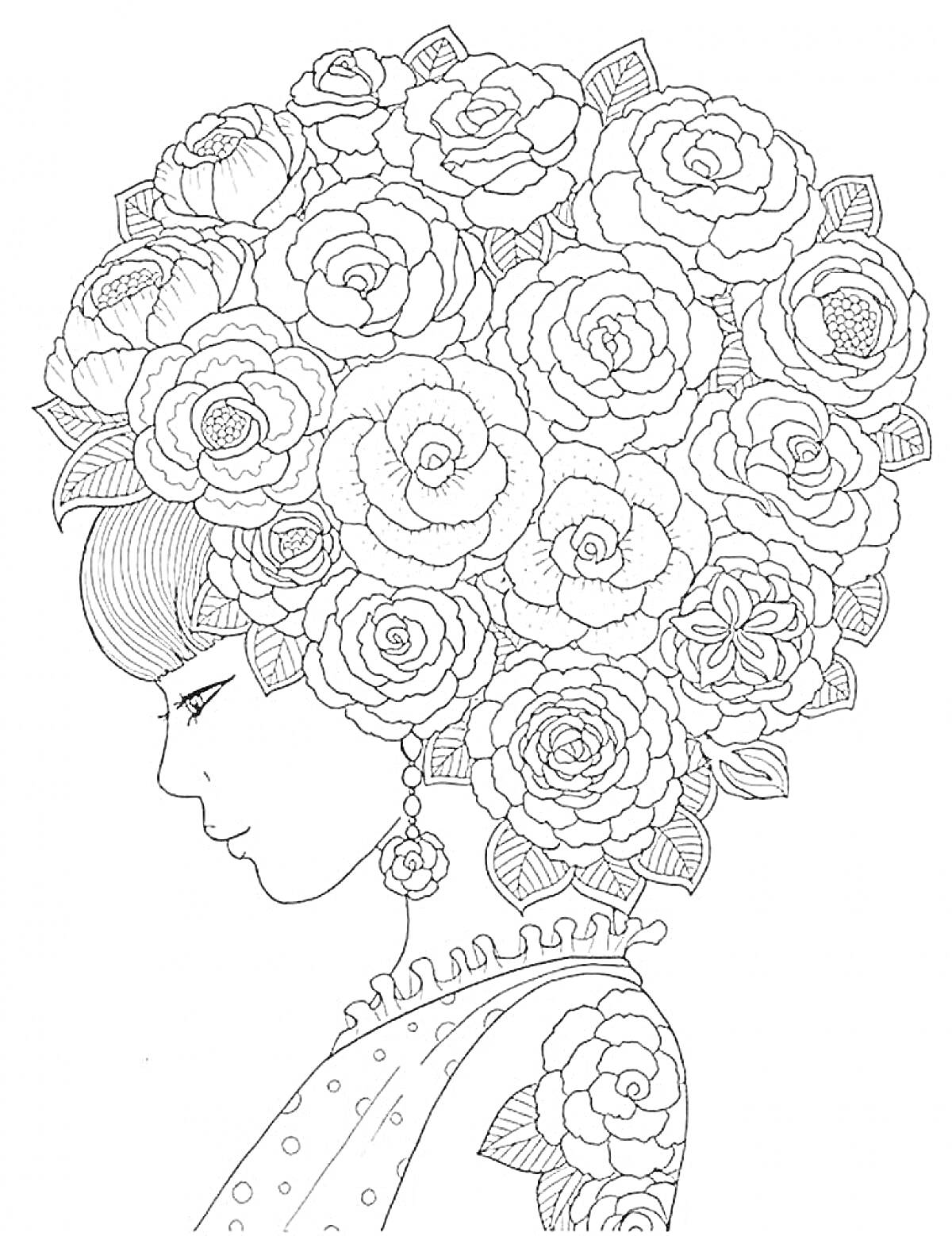 Раскраска Портрет девушки с волосами из цветов