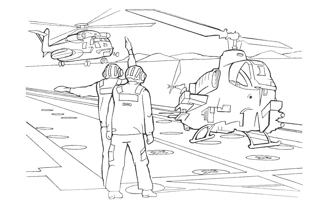 Вертолетная площадка с двумя вертолетами и людьми в униформе