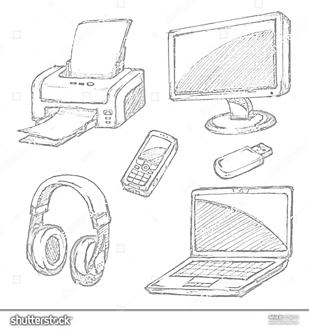 На раскраске изображено: Принтер, Монитор, Телефон, Наушники, Ноутбук, Флешка, Техника, Электроника, Гаджеты, Офисное оборудование