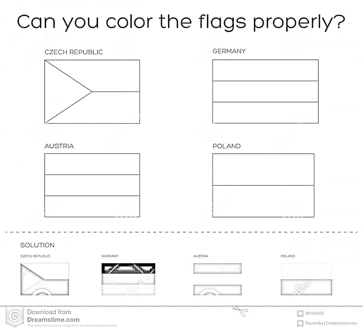флаги стран с названиями (Чехия, Германия, Австрия, Польша). Показаны контуры флагов, каждое поле для раскраски подписано названием страны. Внизу дана правильная раскраска всех флагов для проверки.