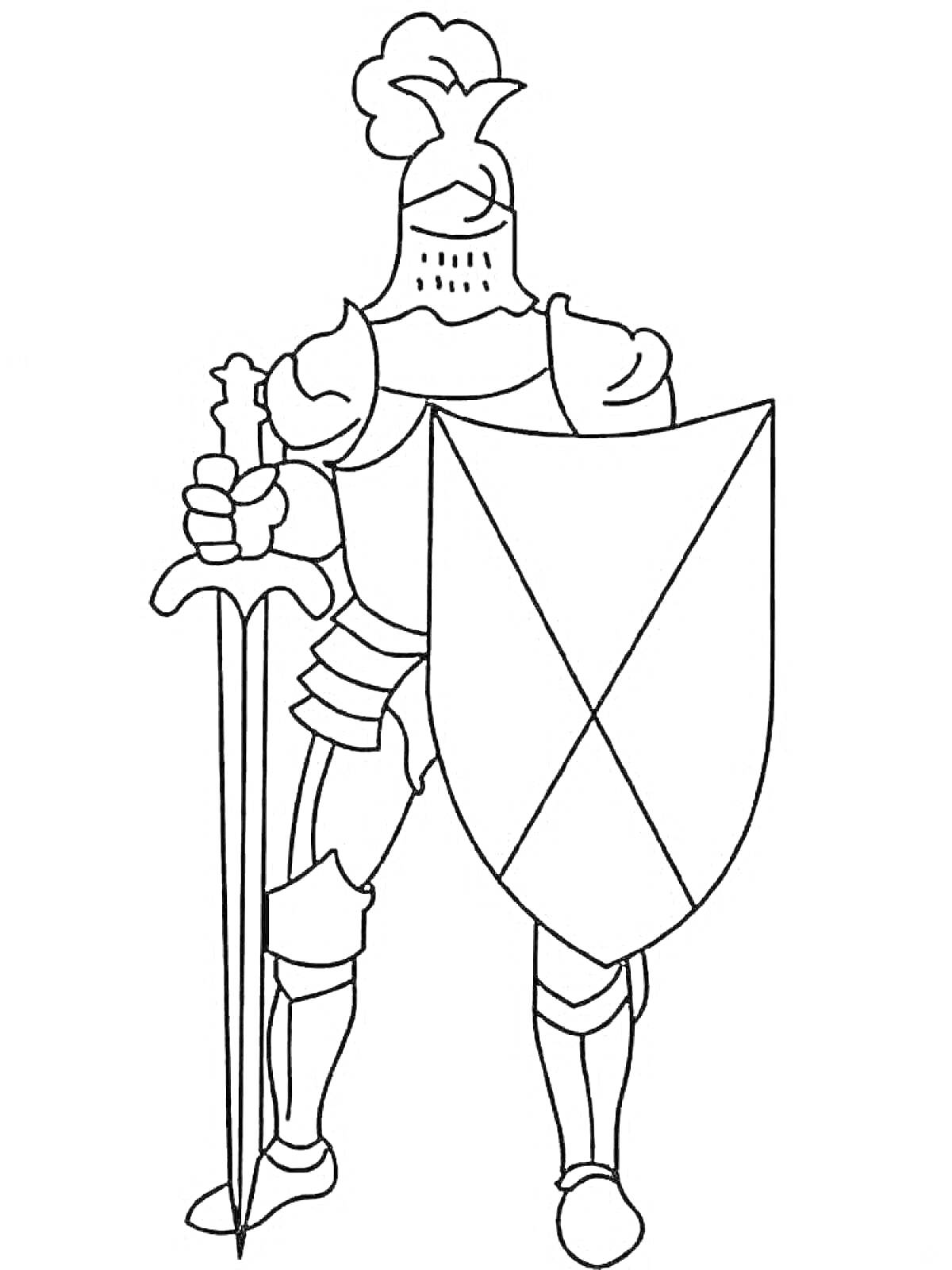 На раскраске изображено: Средневековье, Доспехи, Меч, Щит, Вооружённый, Исторический персонаж, Средневековый воин