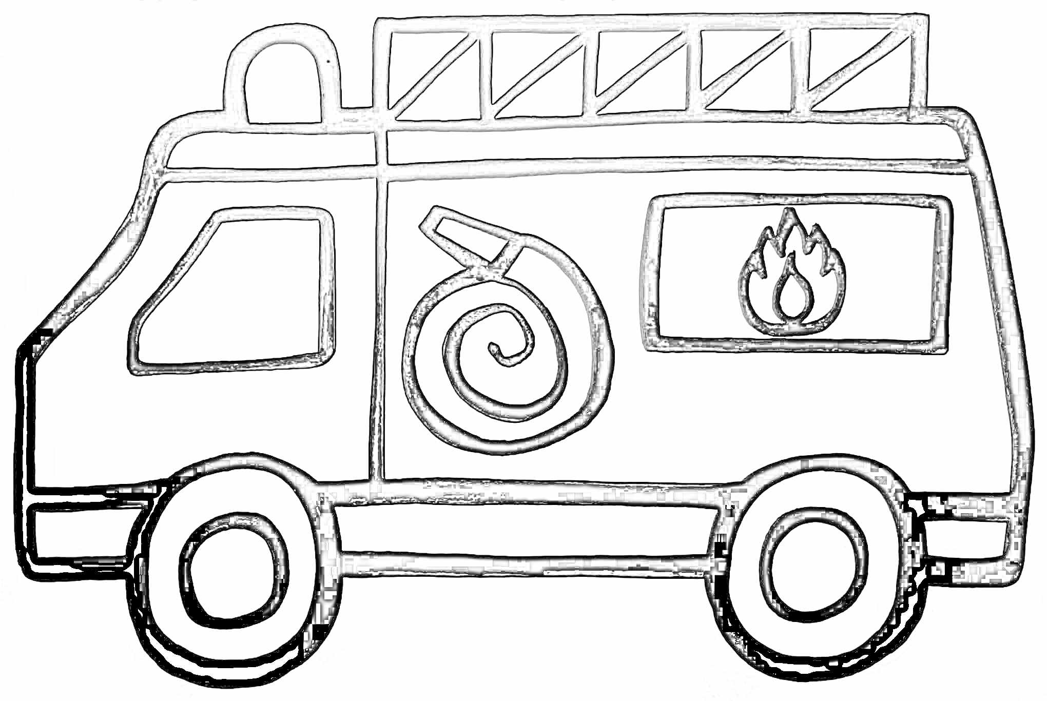 На раскраске изображено: Пожарная машина, Лестница, Пожарный шланг, Огонь, Транспорт, Безопасность