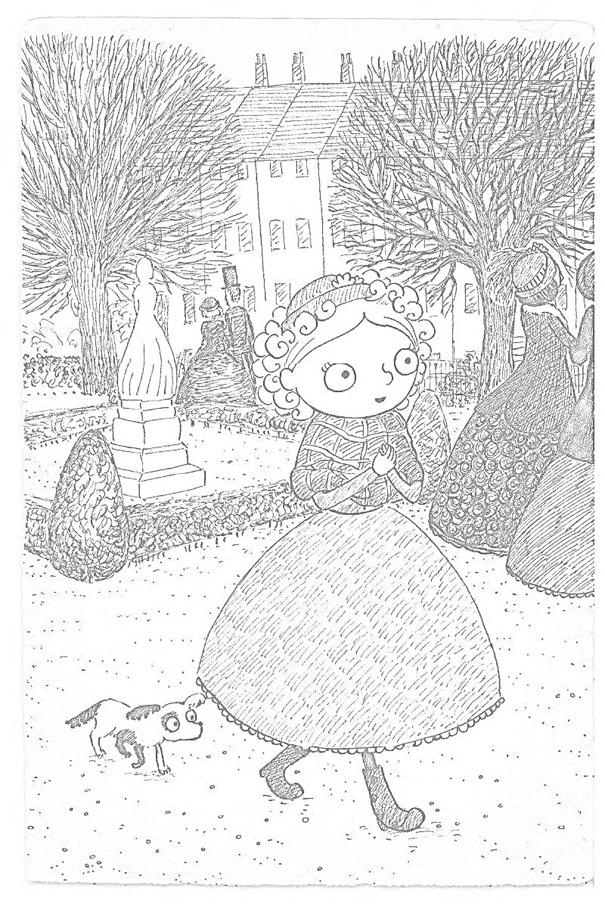 Раскраска Девочка и собака на прогулке в парке, скульптура и деревья на заднем плане