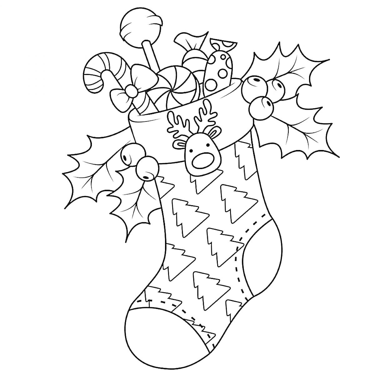 Раскраска Рождественский носок с конфетами, ветками остролиста и украшением в виде рождественского оленя