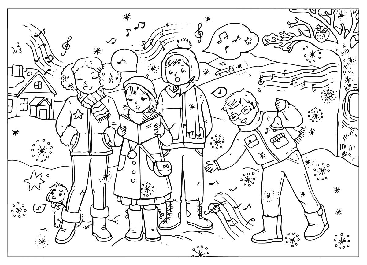 На раскраске изображено: Колядки, Зима, Снег, Музыка, Дом, Ноты, Рождество, Для детей, Деревья