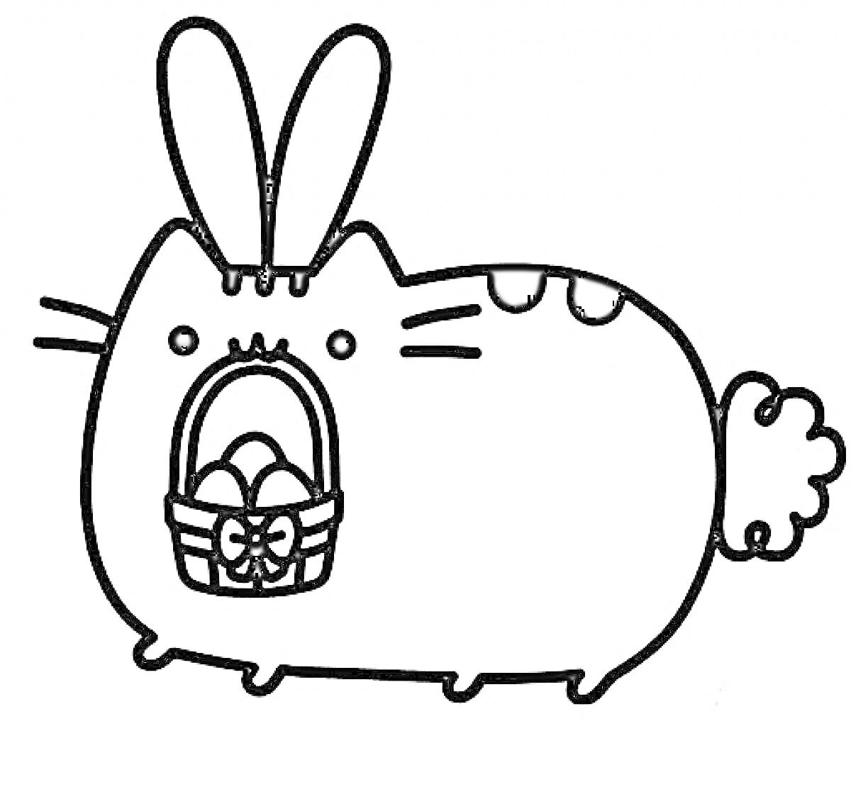 Раскраска Кот Пушин с ушами зайца и корзинкой пасхальных яиц