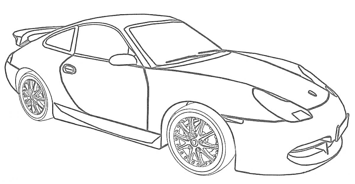На раскраске изображено: Автомашина, Порше, Спортивный автомобиль, Колёса, Антикрыло, Стекла, Фары, Обвес