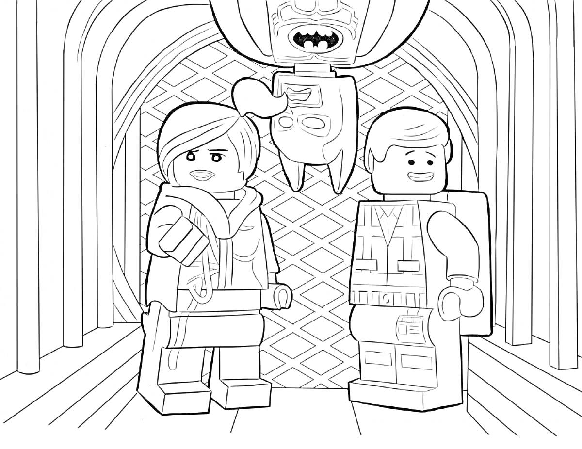 Раскраска Трое персонажей Лиги Справедливости в стиле LEGO на фоне арки
