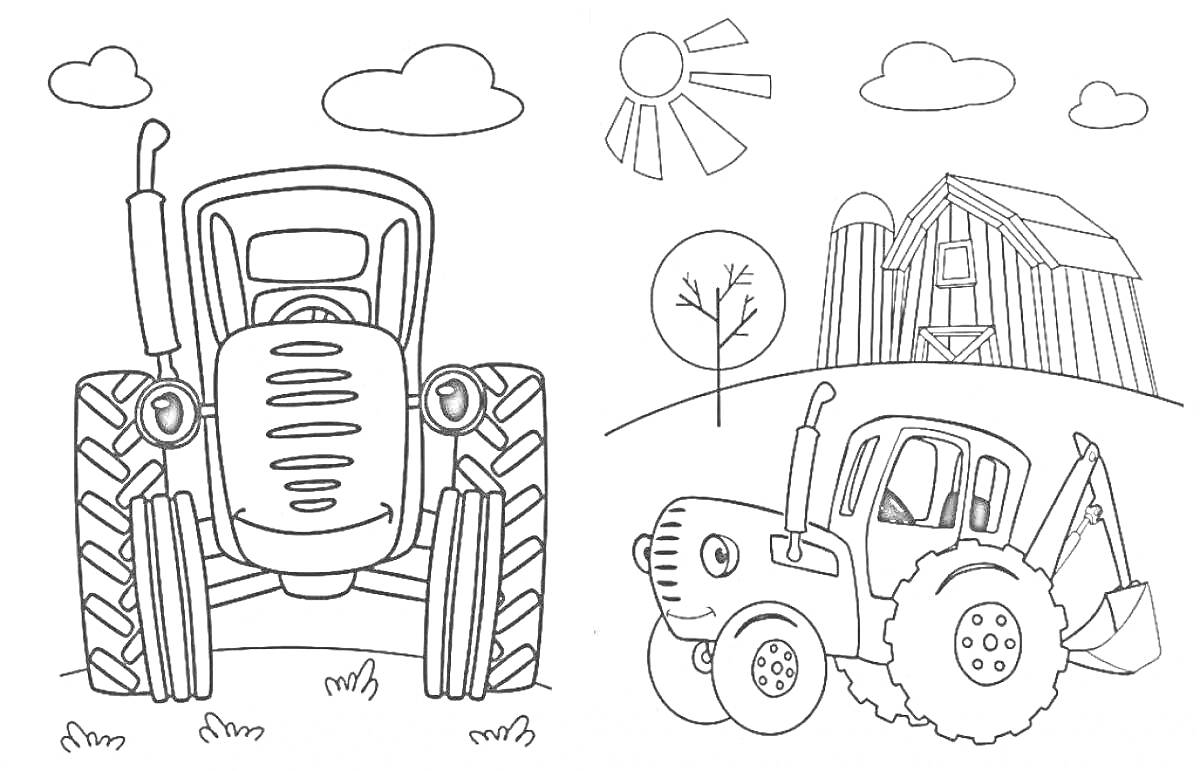 Раскраска Трактор и экскаватор на ферме с сараем, деревом, солнцем и облаками