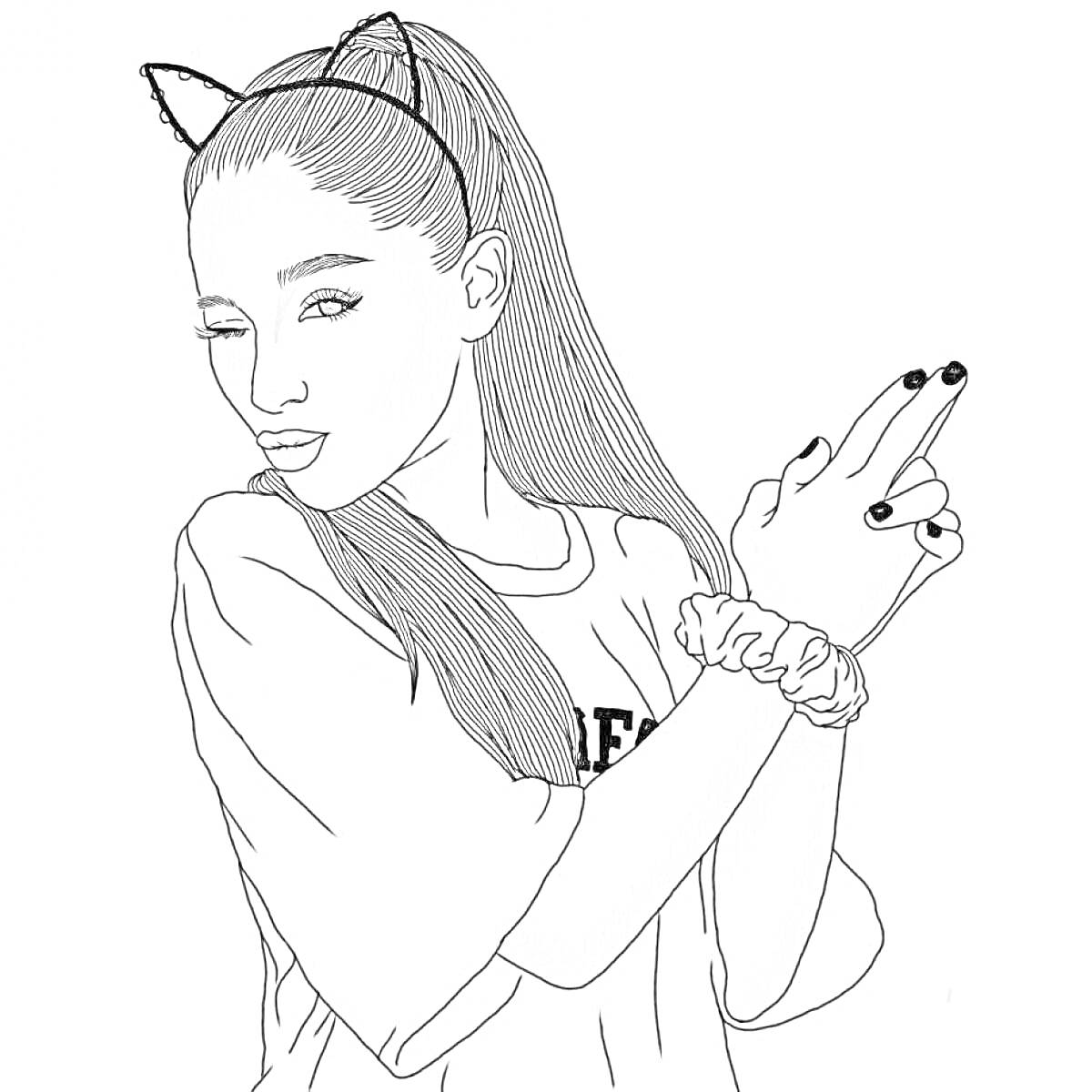 Раскраска Девушка с кошачьими ушками на ободке и длинными волосами, с хвостом, в футболке с надписью 