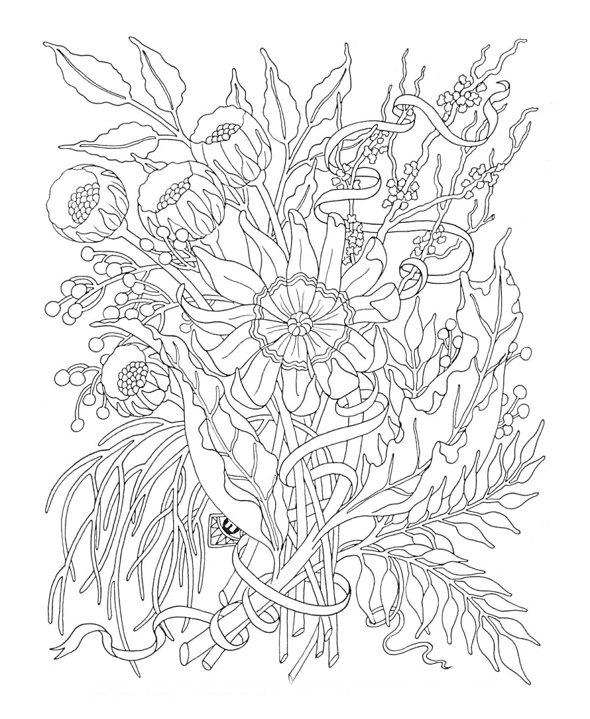 Раскраска Букет полевых цветов с лентами