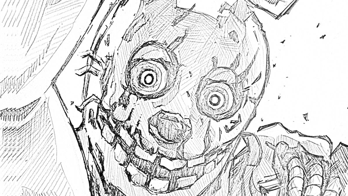 РаскраскаЧерно-белый рисунок с изображением Спрингтрапа с большими круглыми глазами, обросшего беспорядочными проводами, с поврежденной и потрескавшейся поверхностью на фоне