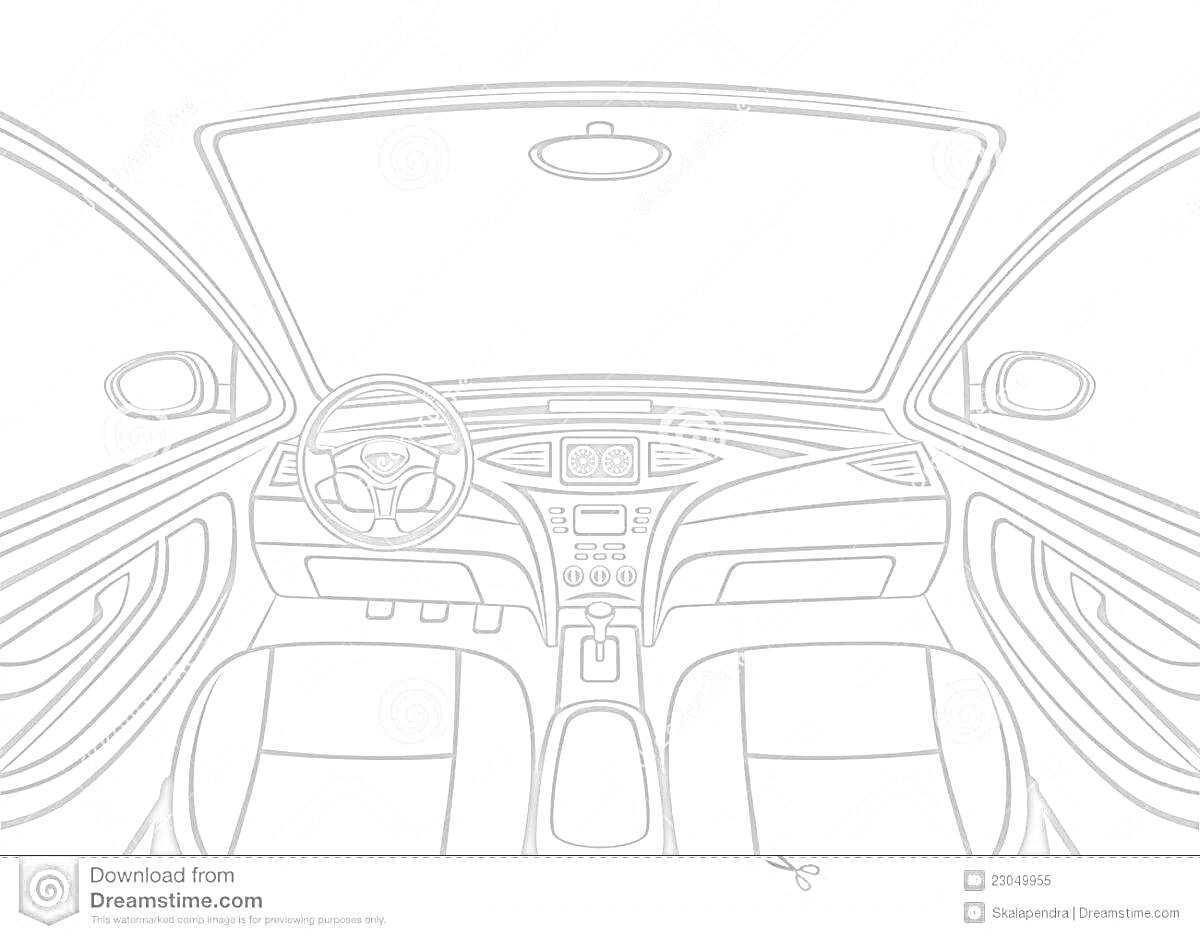 Раскраска Вид на передний салон машины с приборной панелью, рулевым колесом, передними сиденьями, дверными панелями с ручками и динамиками, центральной консолью с переключателями и дисплеем, подлокотником и передним лобовым стеклом