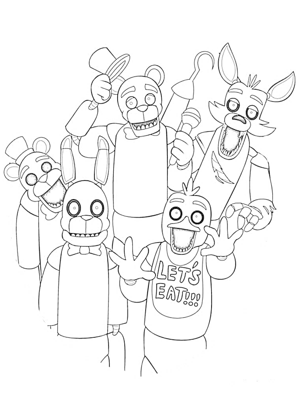 Группа аниматроников: медведь в цилиндре, кролик с ушами, аниматроник с надписью 