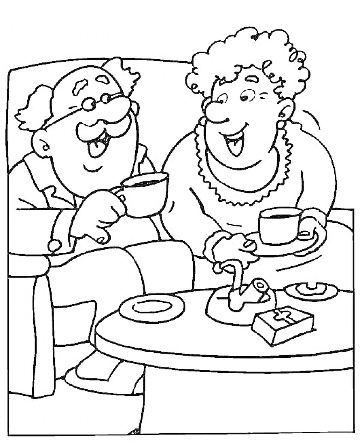 Раскраска Пожилая пара, пьющая чай за столом