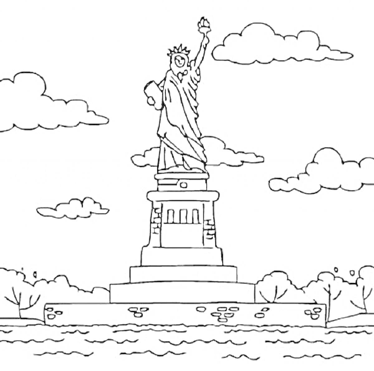 На раскраске изображено: Статуя Свободы, Пьедестал, Деревья, Река, Облака, Архитектура