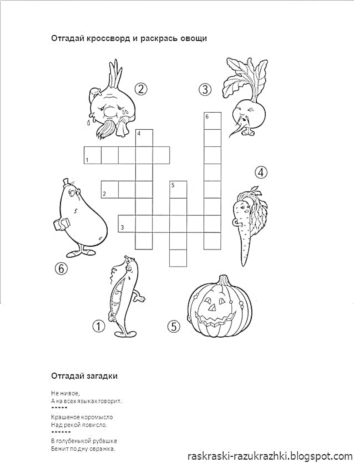 Раскраска Отгадай кроссворд и раскрась овощи - овощи: лук, свёкла, редис, морковь, горох, перец и тыква