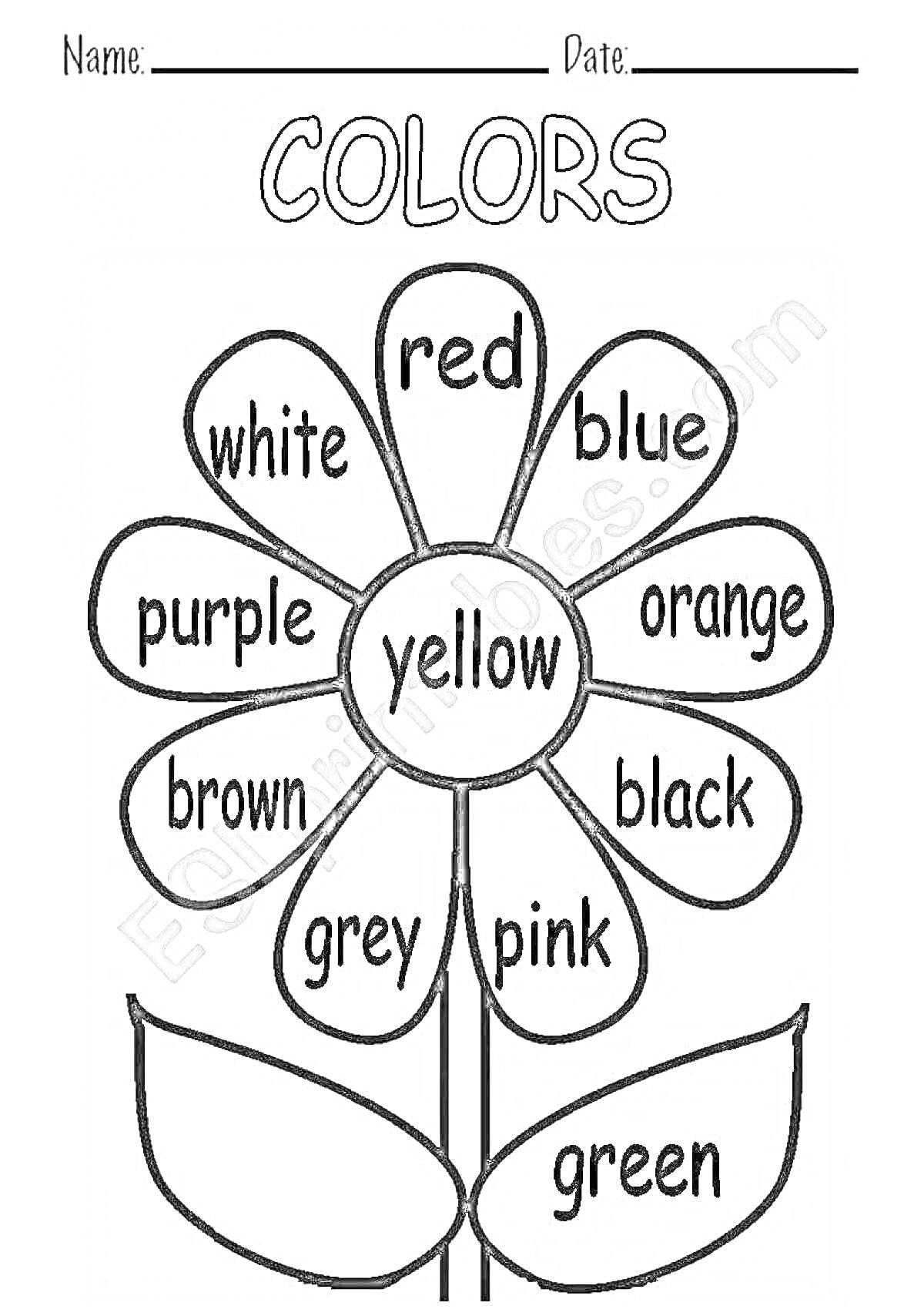 Раскраска Цветок с цветами, написанными на английском языке для 2 класса. Названия цветов: white, red, blue, orange, purple, yellow, black, brown, grey, pink, green.