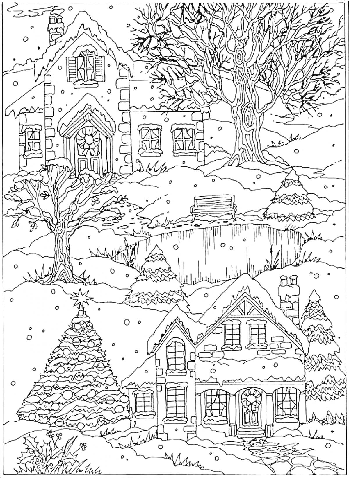 На раскраске изображено: Зима, Пейзаж, Снег, Деревья, Сугробы, Природа, Окна, Сложные элементы