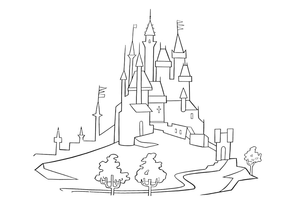 На раскраске изображено: Замок, Снежная королева, Башни, Деревья